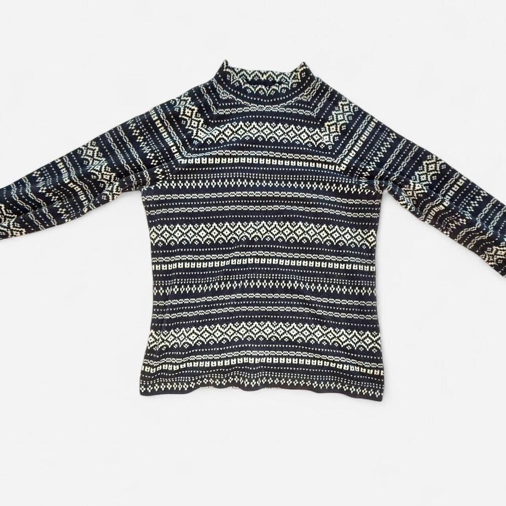 Vintage Y2K Snowflake Pattern Blue White Fleece Mock Neck Sweater Winter Holiday